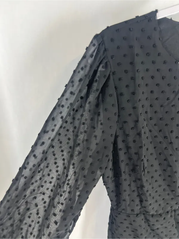 Lulus Black Swiss Dot Ruched Tie Mini Dress Size L NWT - Image 3