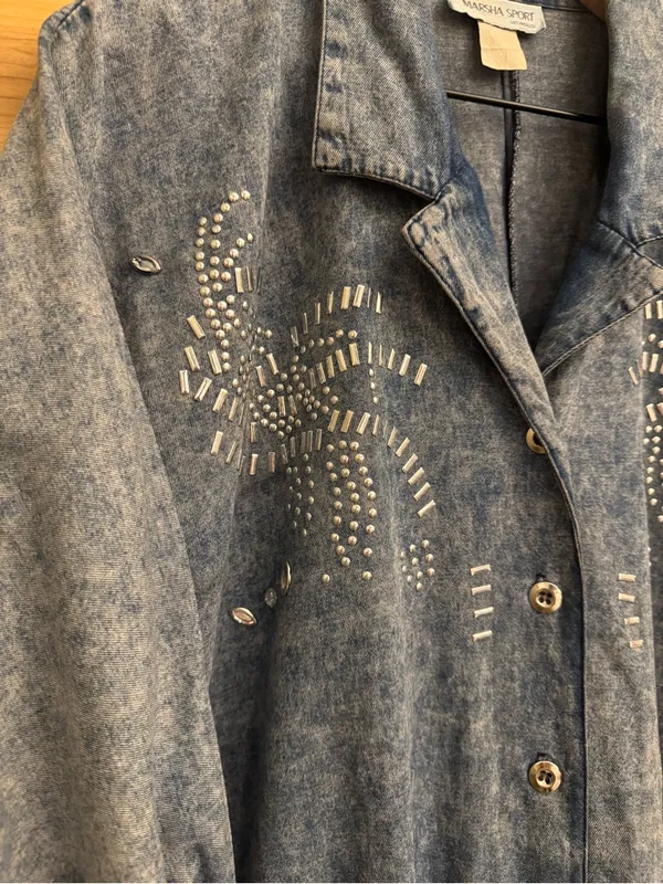 Vintage Marsha Sport Medium Acid Wash Denim Bedazzled Zip Front Jacket Retro 80 - Image 2