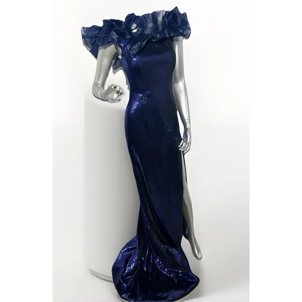 Sherri Hill 55328 Navy Blue Sequin Off-The-Shoulder Ruffle Gown – Size 00 - Image 5