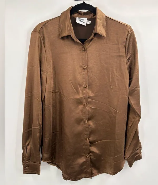 Princess Polly Brown Statin Brown Long Sleeve Button Up Business Blouse Size 4 - Image 2