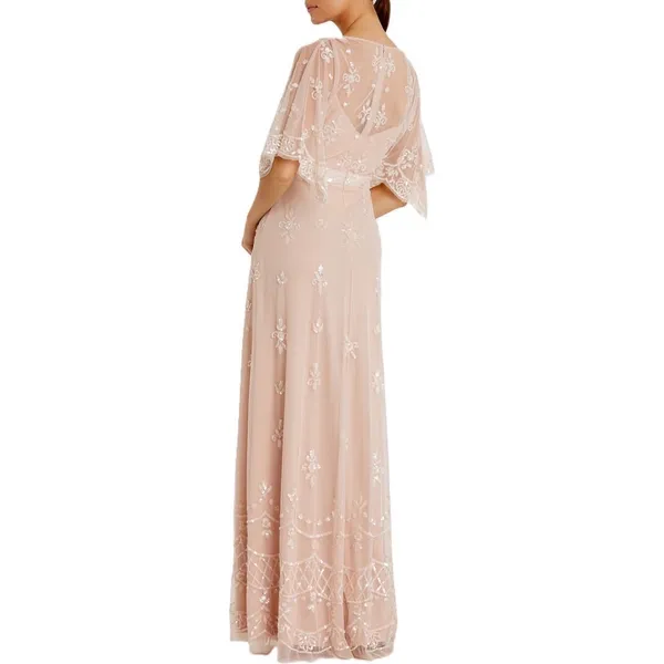 Mac Duggal Blush Pink V Neck Flounce Sleeve Embellished Mesh Gown Size 8 - Image 2