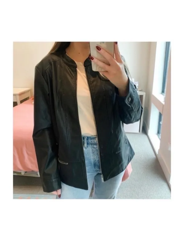 CJ Banks Black Leather Faux Zip Front Moto Biker Jacket 1X - Image 2