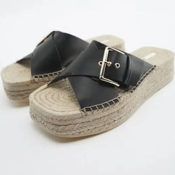 Zara Black Leather Espadrille JUTE WEDGE SANDALS - Image 3