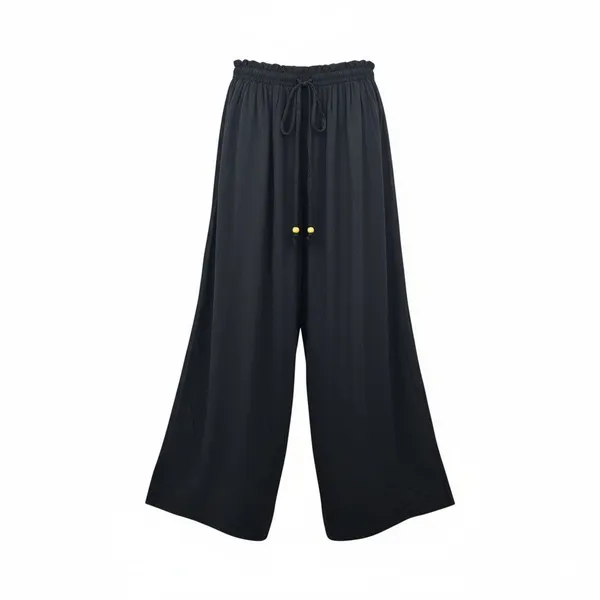 Black Wide Split Flowy Straight Beach Vacation Lounge 90s Pullon Boho Pants XS‎ - Image 3