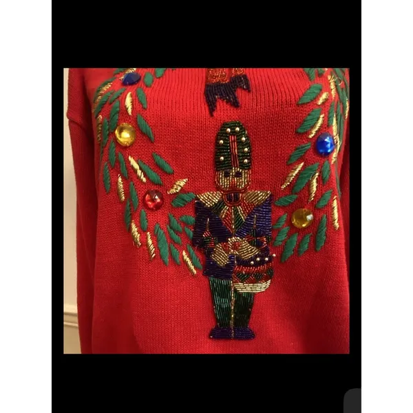 Vintage 90s Lindsey Blake Nutcracker Wreath Holiday Christmas Sweater Red Beaded - Image 4