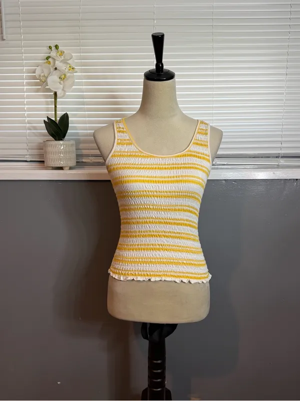 SO Yellow White Smocked Tank Top Size Small 100% Cotton Summer Beach - Image 2