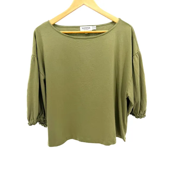 Nation LTD Organic Cotton Puff‎ Sleeve Sandra Boat Neck Top Olive Green Womens L - Image 2