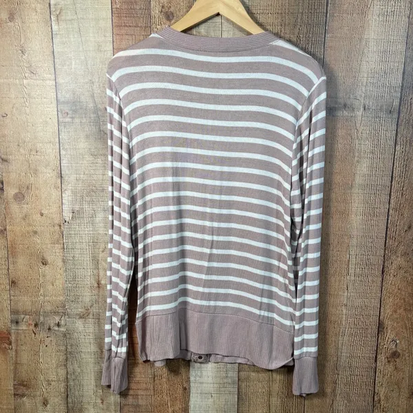 Zenana 1X Taupe Ivory Striped Snap Button Cardigan Soft Stretch Knit Ribbed Trim - Image 5