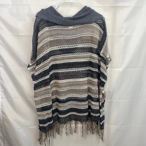 Democracy women's tan gray knit cowl neck tassel crocheted‎ sweater poncho large - Image 7