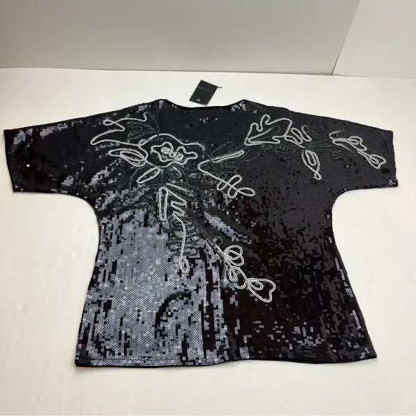 Investments Black‎ Sequin Top Short Sleeve Squiggle Size Small NEW *FACTORY FLAW - Image 11