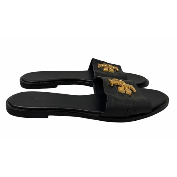 Tory Burch Everly‎ Calf Leather Gold Logo Slide Sandals Black Women's Size 7M - Image 3