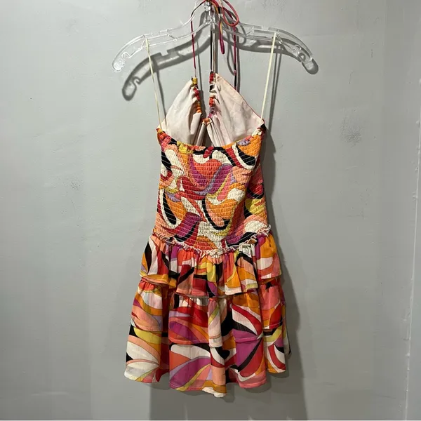 Sky‎ To Moon Dress Small Runched Mini Spaghetti Strap Open Back Orange Pi… - Image 7