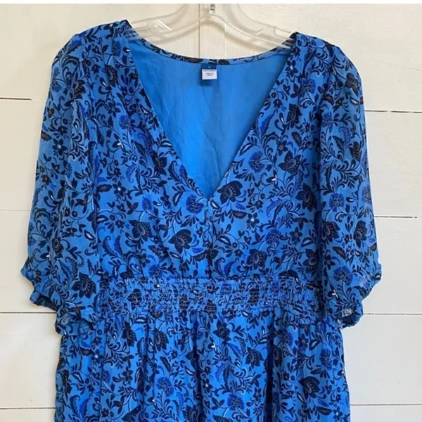 Old Navy Women's Blue Floral Midi Dress Smocked Waist V Neck Casual - L EUC - Image 5
