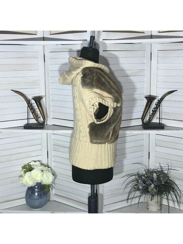 Vintage Faux Fur vest cable knit warm hooded ski resort travel cottage 70's boho - Image 3