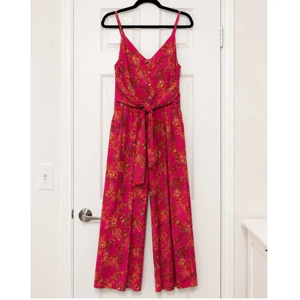 Free People Hot Tropics Jumpsuit Pink Palm Print Wide Leg Tie Front Boho Size 4 - Image 2
