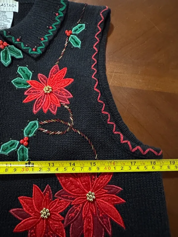 Vtg Women Ugly Christmas Sweater Vest Zip Up Poinsettia Embroidered Beaded 4/6 - Image 14