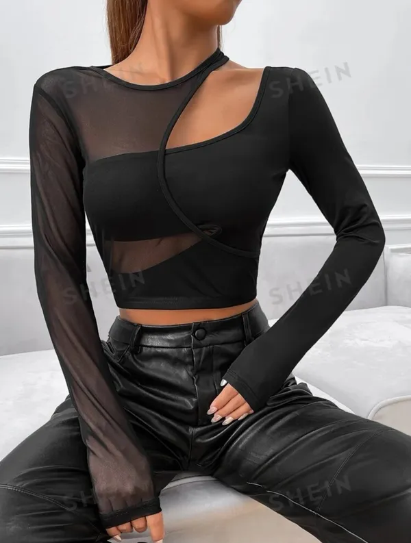 SheIn Black Asymmetrical Contrast Mesh Cut Out Crop Top - Image 6