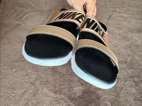 Nike Metallic Tan and Black Double-Strap Slide Sandals - Image 6