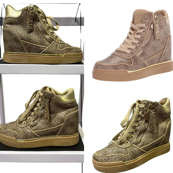 Guess Fiora Wedge Sneaker Lace and Zip Up Brown Cream Gold Shoes Womens 5 M - Image 3