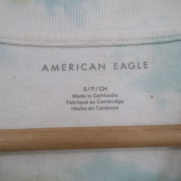 American Eagle Womens Small Blue Green Tie Dye Cropped Polo Shirt Raw Hem Cotton - Image 2