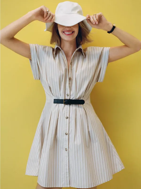 Anthropologie Maeve Faye Shirtdress Womens M Honey Tan Striped Belted Mini - Image 4