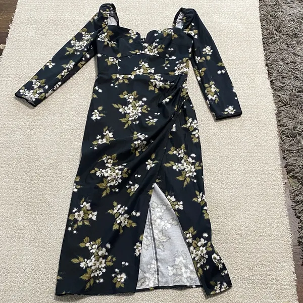 Reformation Floral Sweetheart Neck Midi Dress Long Sleeve Side Slit Size 6 . - Image 11
