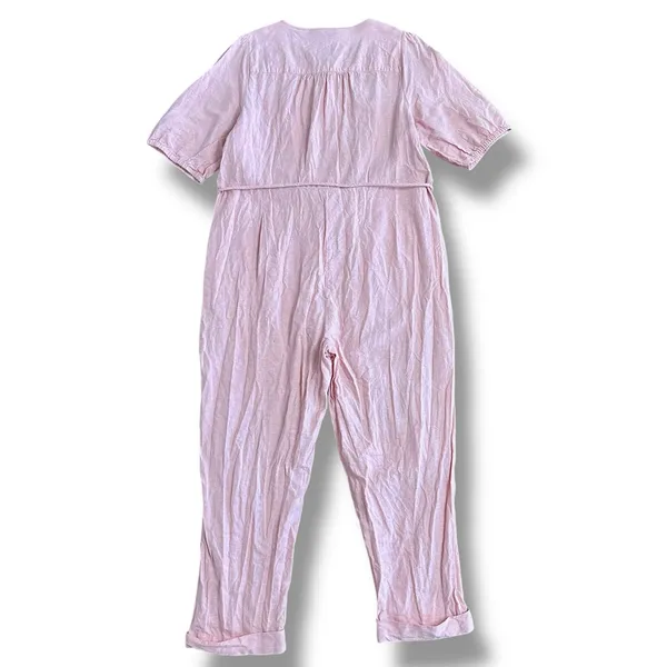 Madewell‎ Linen Blend Button Front Jumpsuit Pink Short Sleeve Pockets Women’s XL - Image 7