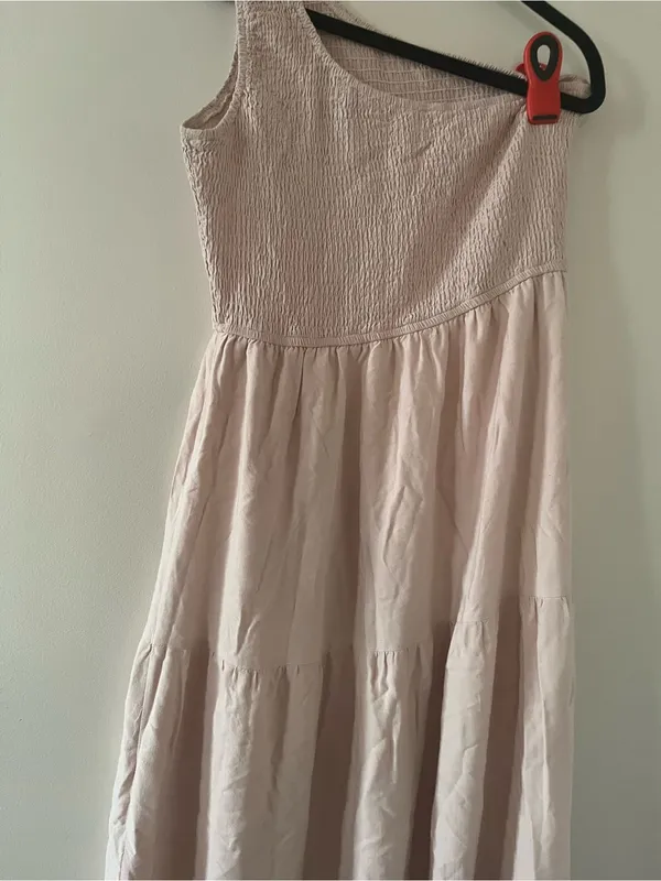 Blush Pink One Shoulder Midi Dress Medium Smocked Tiered Romantic Summer Wedding - Image 6