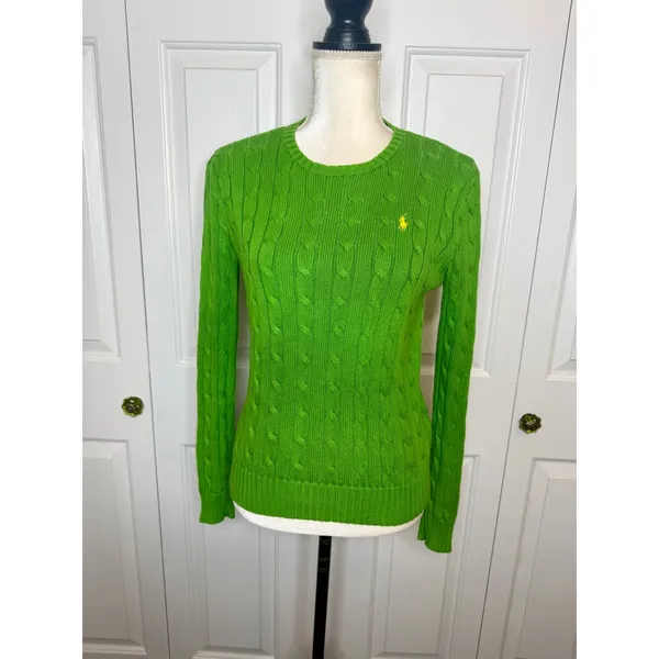POLO RALPH LAUREN Women's S Crew Neck Cable Knit Cotton Sweater Lime Green Flaw - Image 16