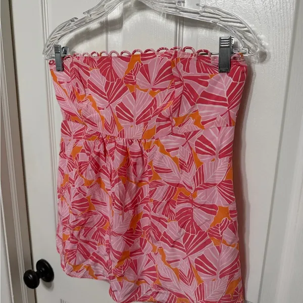 LILLY PULITZER silk strapless tube top pink orange‎ floral scallop detail size 6 - Image 2