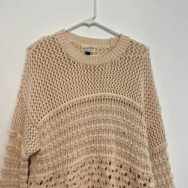 UNIVERSAL THREAD Cream Beige Mixed Knit Crochet Open Weave Crew Neck Sweater S - Image 3