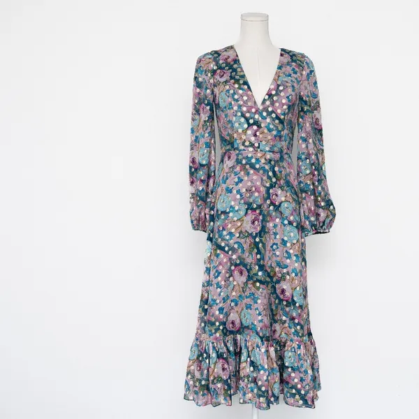Dress the Population - | Metallic Floral Long Sleeve Midi Dress - Image 2