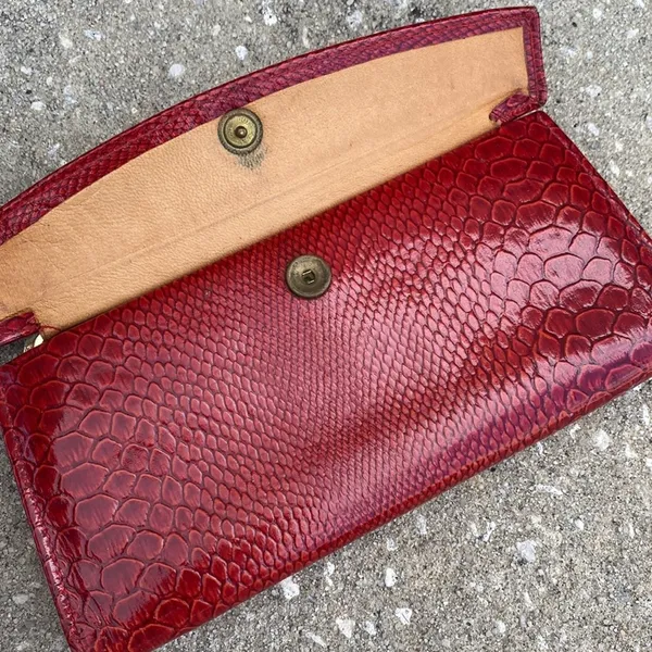 Vintage Python Embossed Wallet Womens OS Red‎ Kiss Lock Clutch Leather - Image 2
