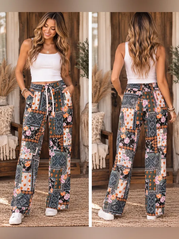 Cato Olive Patchwork Floral Wide-Leg Pants - Image 2