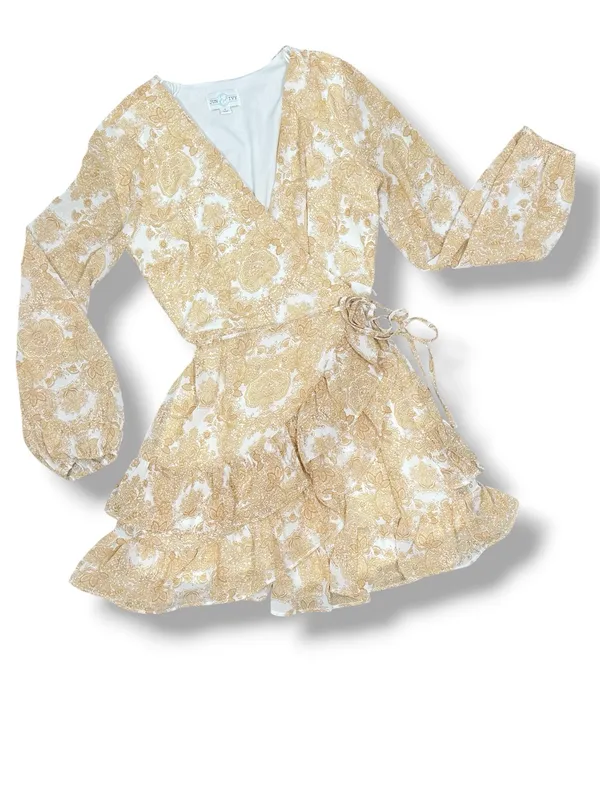 Jun‎ & Ivy by Francesca's Floral Boho Ruffle Wrap Mini Dress Yellow Cream Small - Image 13