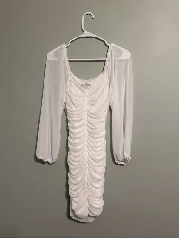 White Ruched Long Sleeve Mini Dress - Image 2