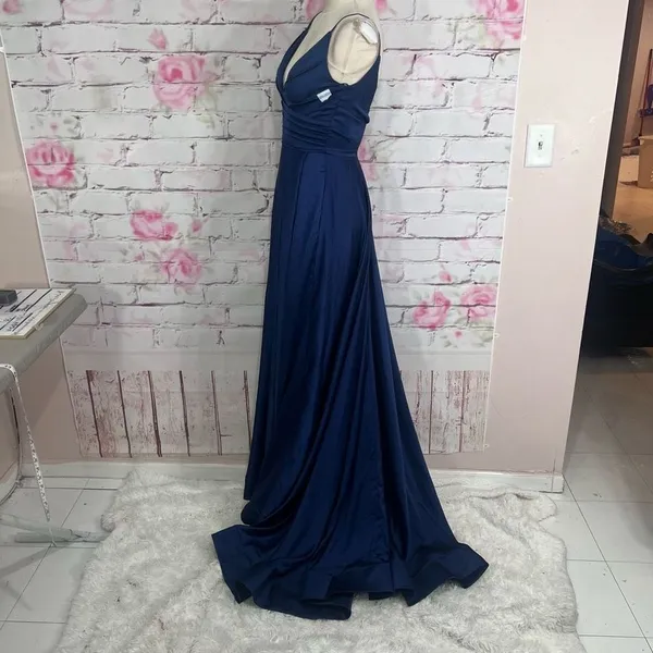 La Femme blue satin v neck ruched bodice ball gown style 28607 - Image 11