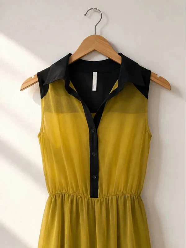 Sage Mustard High-Low Chiffon Dress | Black Trim | Sleeveless | Small - Image 2