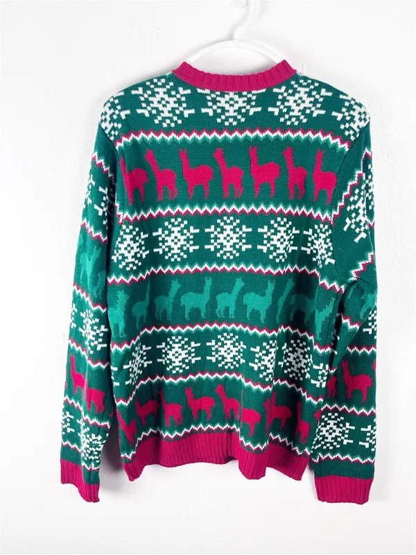 33 DEGREES Llama Scarf Pom Pom Hat Graphic Unisex Christmas Sweater Size Large - Image 2
