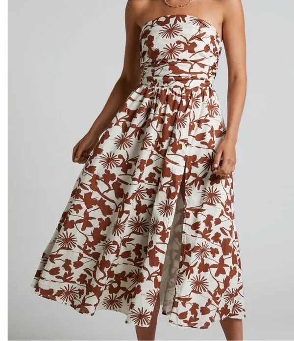 Showpo Evita Floral Midi Dress Ruched High Split Strapless NEW S - Image 4