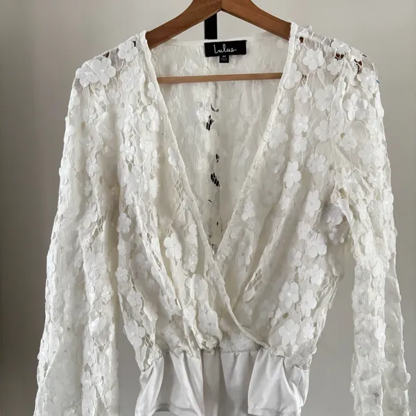 Lulus Blossom On Over White Lace Faux Wrap Long Sleeve Bodysuit Size M - Image 2