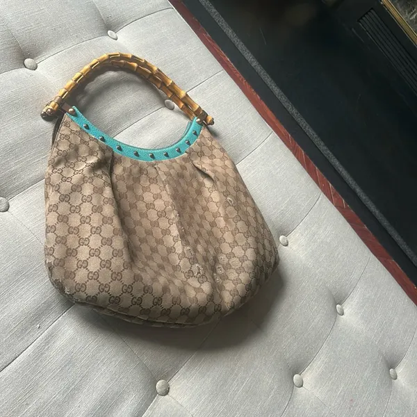 Gucci Bamboo Top Handle Handbag Canvas/ Teal Leather - Image 3
