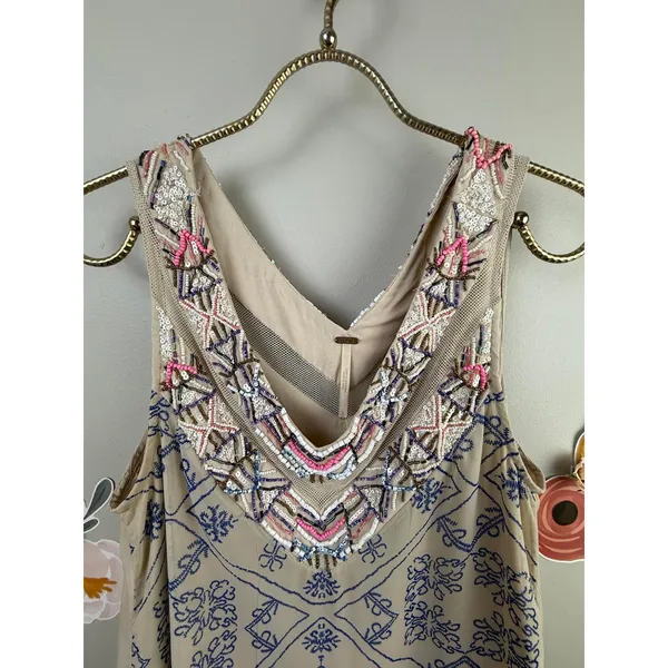 Free People Cream & Pink Sleeveless Beaded Sleeveless Shift Dress - Size - Small - Image 3