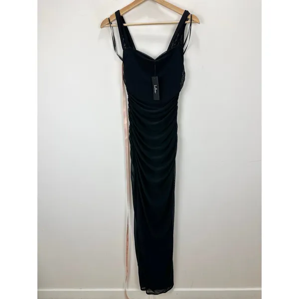 Lulus Amazing Presence Black Mesh Ruched Column Maxi Dress Long Formal Small NWT - Image 5