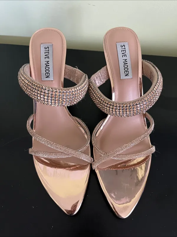 Steve Madden Rose Gold Crystal Strap Camina Slide Heels - Image 5