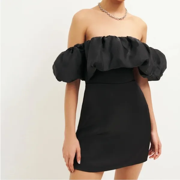 REFORMATION Alber Black Satin Organza Off‎ Shoulder Mini Dress US M NWT - Image 3