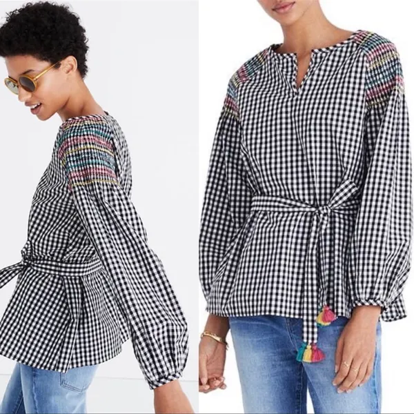 Madewell Smocked Black & White Checkered Gingham Tassel Top with Embroidery S - Image 3