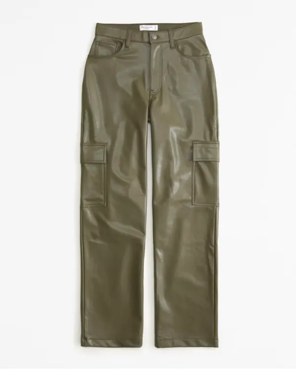 Abercrombie & Fitch Olive Green Faux-Leather Wide Leg Cargo Pants - Image 2