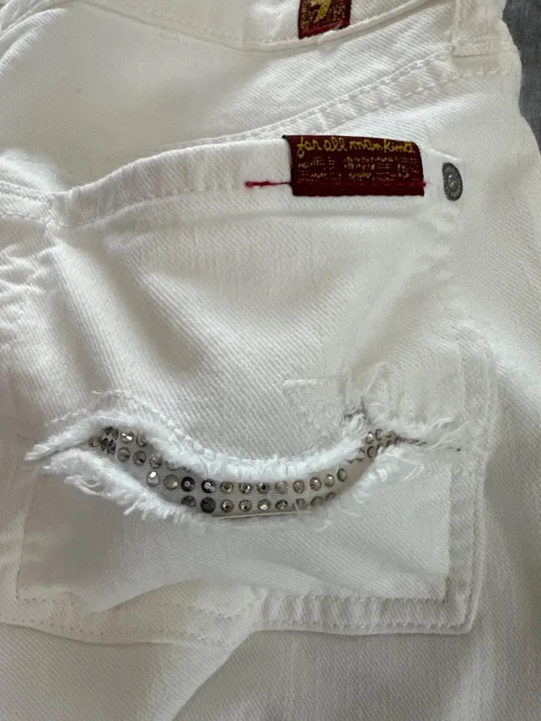 7 For All Mankind Sz 27 White Denim Low-Rise Skinny Jeans Y2K Rhinestone Pockets - Image 7