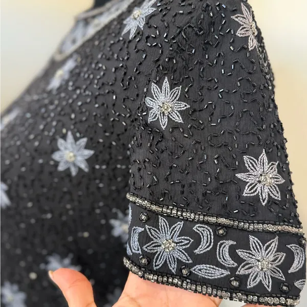 Vintage Cote d’Azur Black Beaded Top | Silk Floral Embroidery size small - Image 5